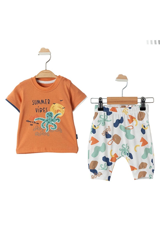 Baby Boy Orange and White Octopus Patterned 2-Piece Set