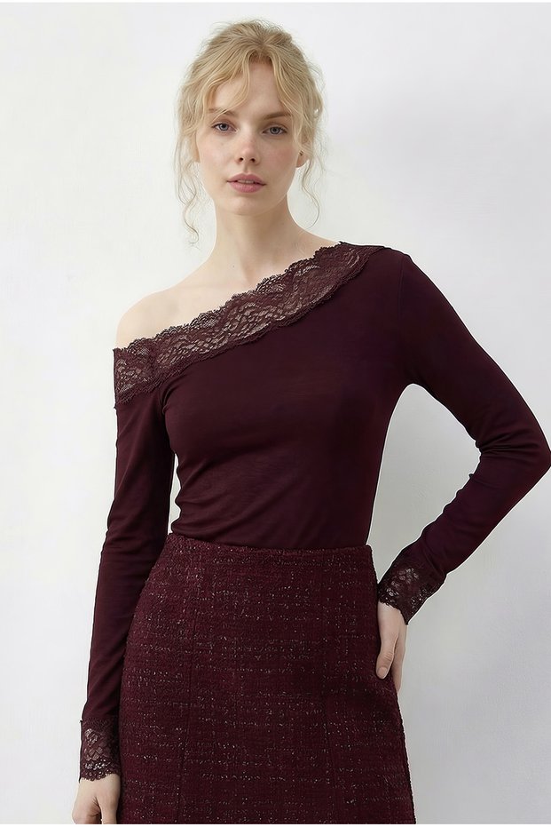 Women's Burgundy Lace Detailed Madonna Collar Blouse 1063 60286036