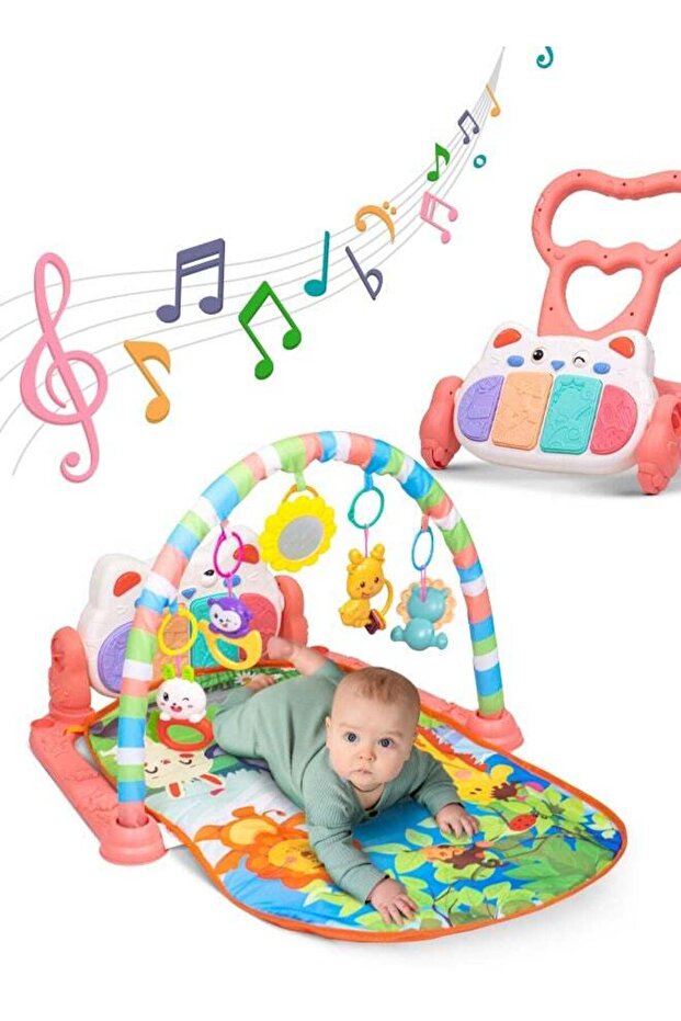 2-in-1 Baby Play Gym with Rotating Piano, Crawling Mat & 5 Hanging Rattle Toys 0–12 Months