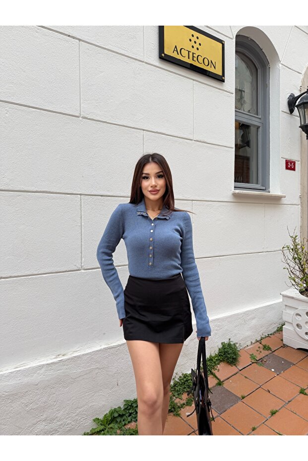 Women's Blue Turtleneck Buttoned Knitwear Blouse Fit Stylish Sweater