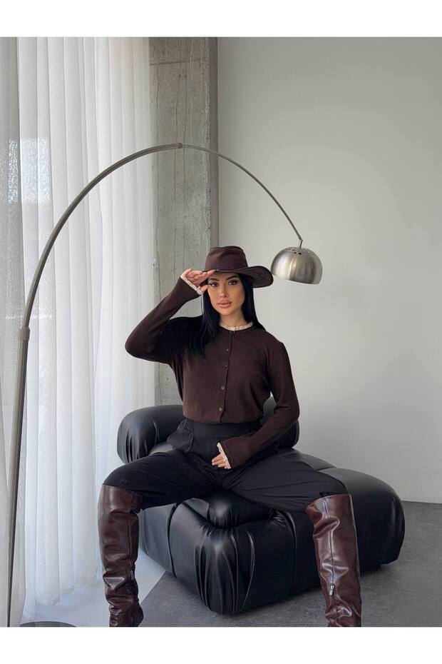 Lace Detailed Crew Neck Long Sleeve Premium Bitter Brown Knitwear Cardigan