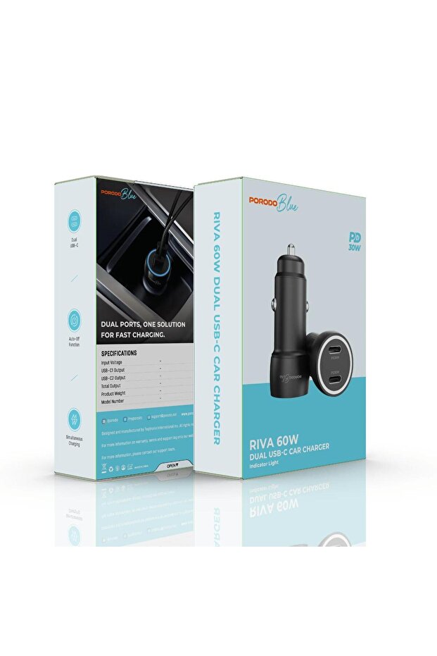 RIVA 60W Dual USB-C Car Charger with Indicator Light & 1m 60W USB-C to USB-C Cable