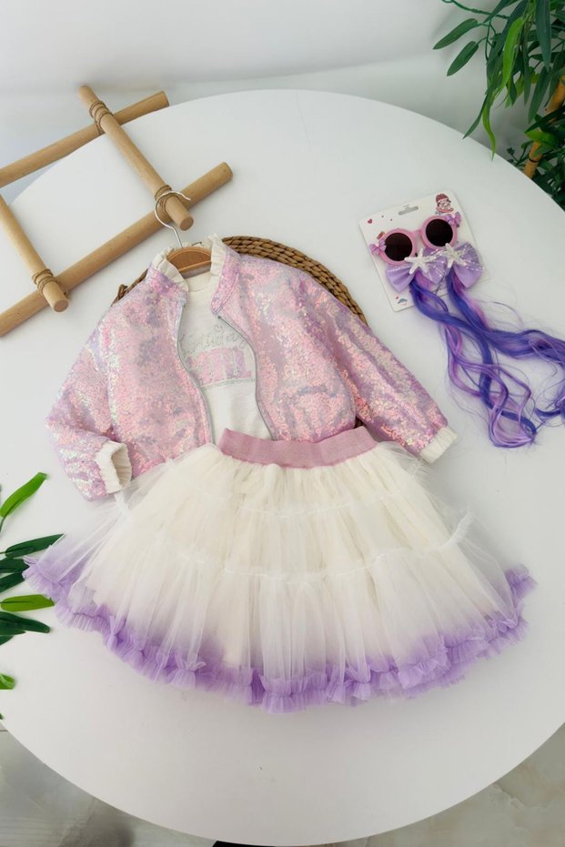 My Little One's Sparkling Sequin Jacket Princess Tutu Dress 3-Piece Set - Lilac