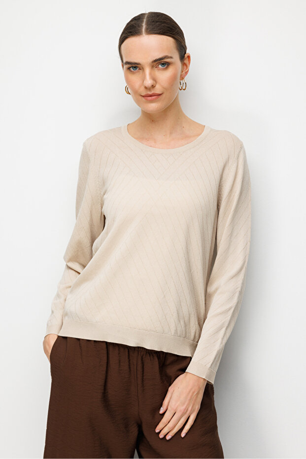 Women's Round Neck Verev Striped Side Buttoned Long Sleeve Fine Knit Blouse Beige