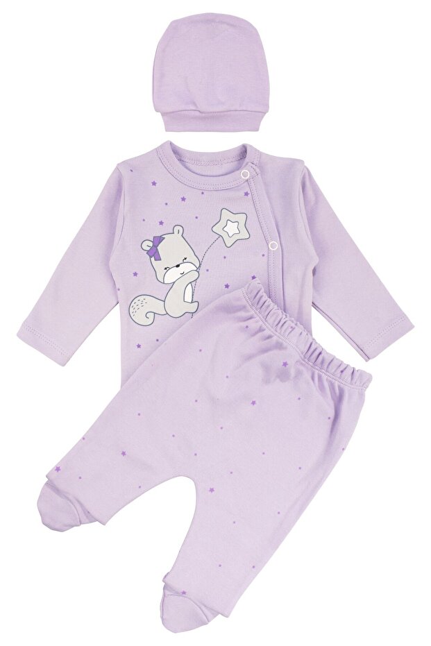 Baby Girl Lilac Starry Teddy Bear Printed Booties Pajama Set 0-3 Months