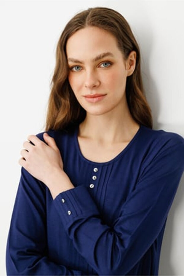 Women's Crew Neck Long Sleeve Combed Cotton Blouse Navy Blue