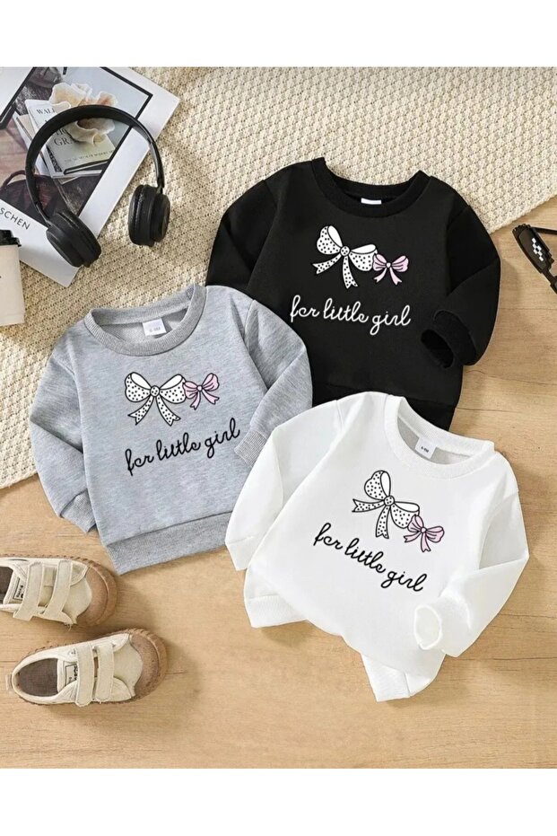Girl's little ribbon Printed 3-piece crew neck sweatshirt set