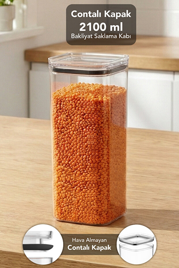 Pure Square Storage Container - Transparent Mica Airtight Food and Grain Container with Sealed Lid 2100ml