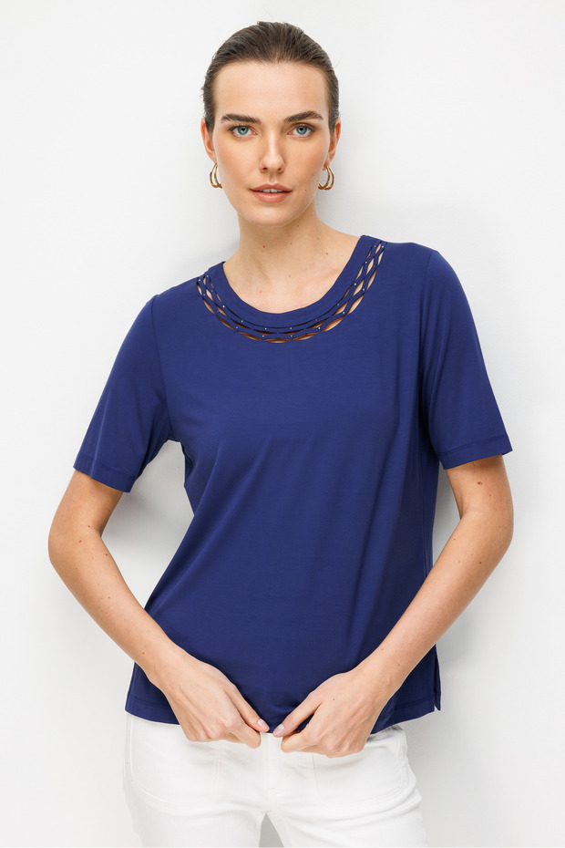 Women's Round Neck Double Striped Stoned Combed Cotton T-Shirt Navy Blue
