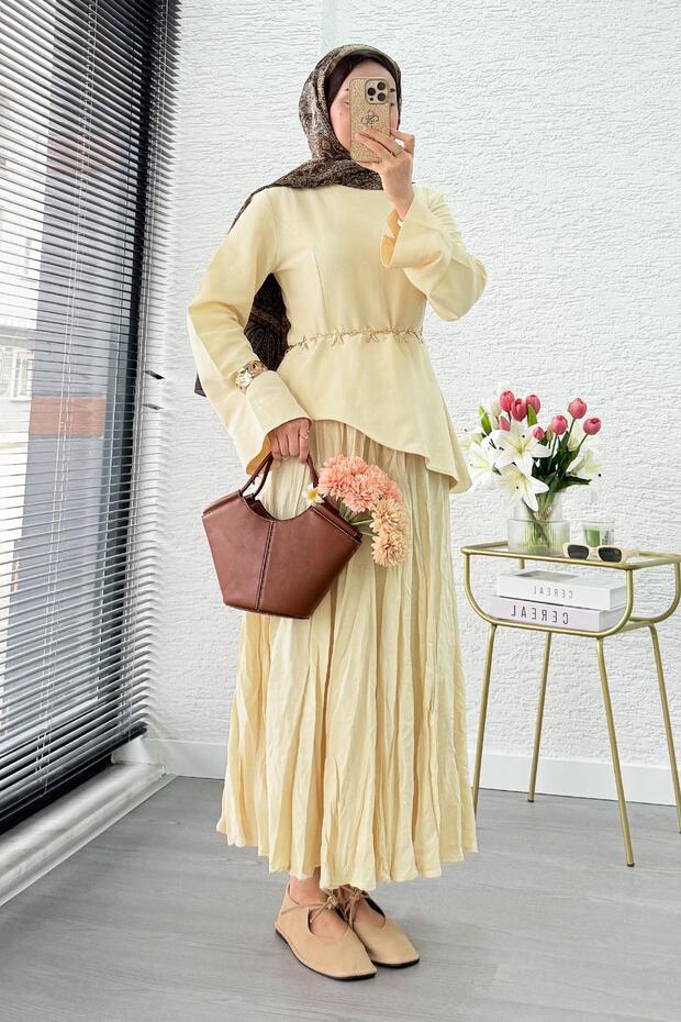 Premium Asymmetrical Cut Linen Skirt Suit - Yellow