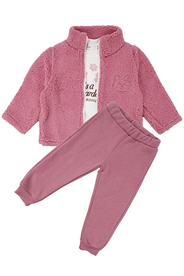 Girl's Pink Welsoft Cardigan Ecru Badili Triple Luxury Set