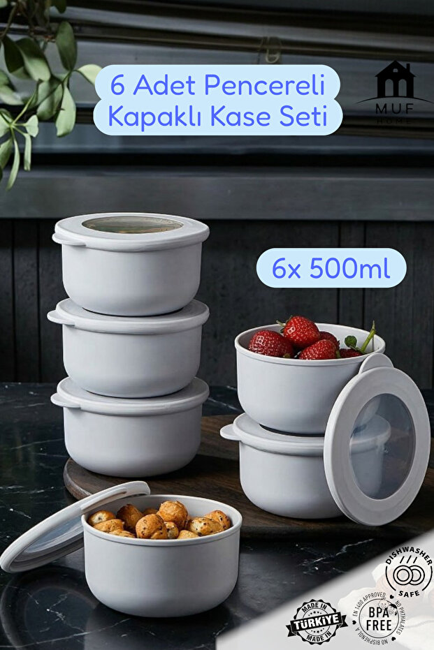 Qlux Ideas Set of 6 Storage Containers - Leak-Proof with Windowed Lids, Healthy Plastic 6X 500ml Bowl Set