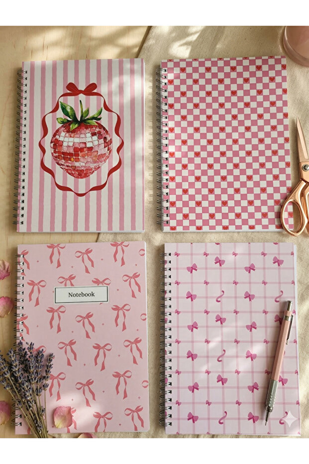Unlined 4-Pack A5 Size 60 Sheets Each 120 Sheets Spiral Cover Notebook Set Pink Heart Bow Pattern