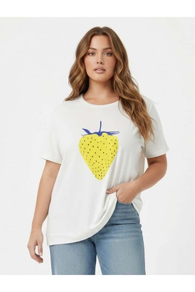 Çilek Patterned Stone Embroidered Large Size T-Shirt Ecru