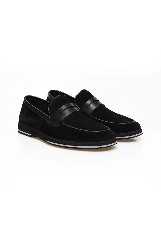 Black Color Laceless Genuine Leather Suede Men's Shoes