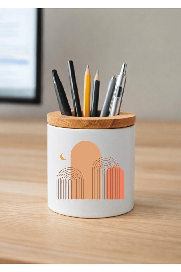 Printed Ceramic Pen Holder with Boho Design and Wooden Detail Desktop Pen Holder