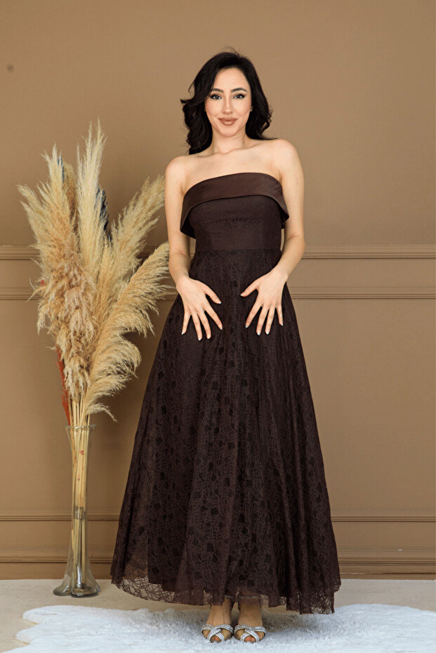 Lace Fabric Strapless Dress - Brown