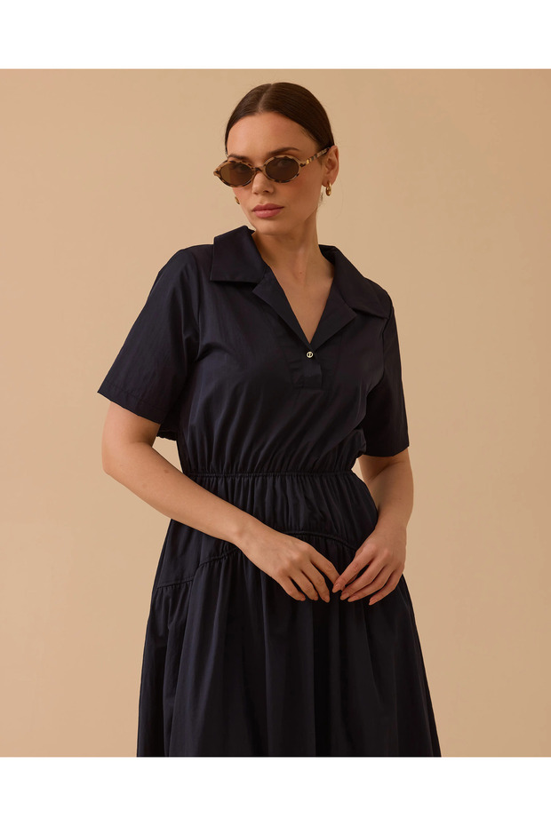 Polo Yaka Elastik Bel Elbise - 2