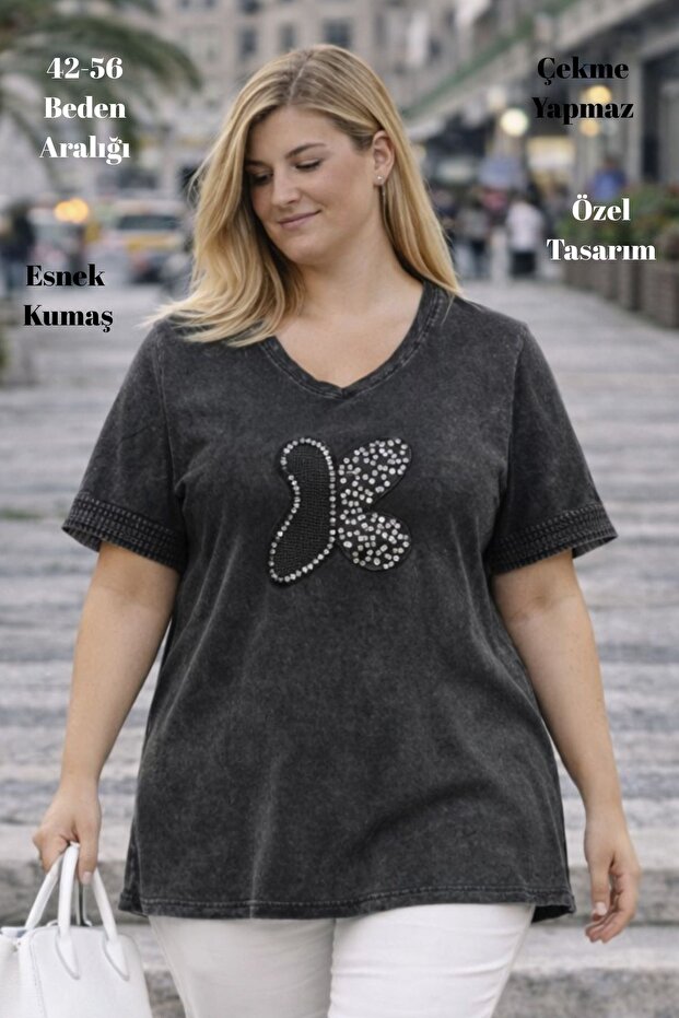 Cedy - Women's Special Design Stretchy , Sequin, Lace Detailed Washed V-Neck Large Size T-Shirt