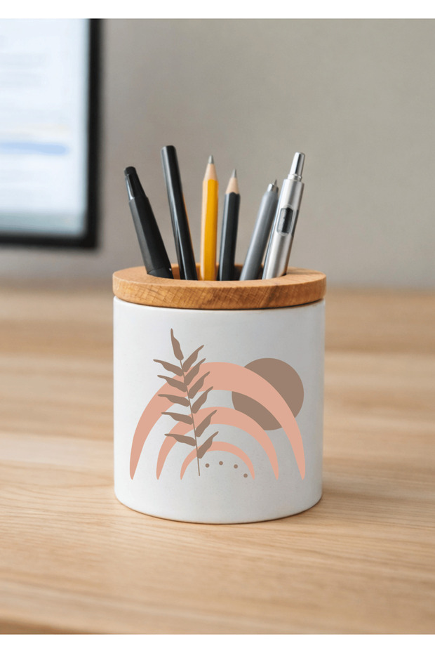 Printed Ceramic Pen Holder with Boho Design and Wooden Detail Desktop Pen Holder