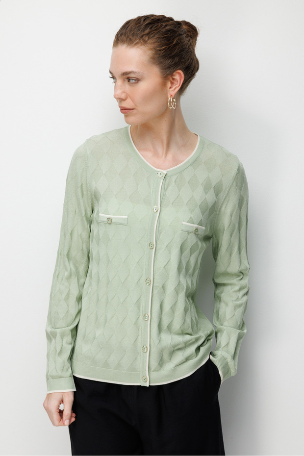 Women's Crew Neck Small Diamond Patterned Fine Knit Cardigan Dark Green