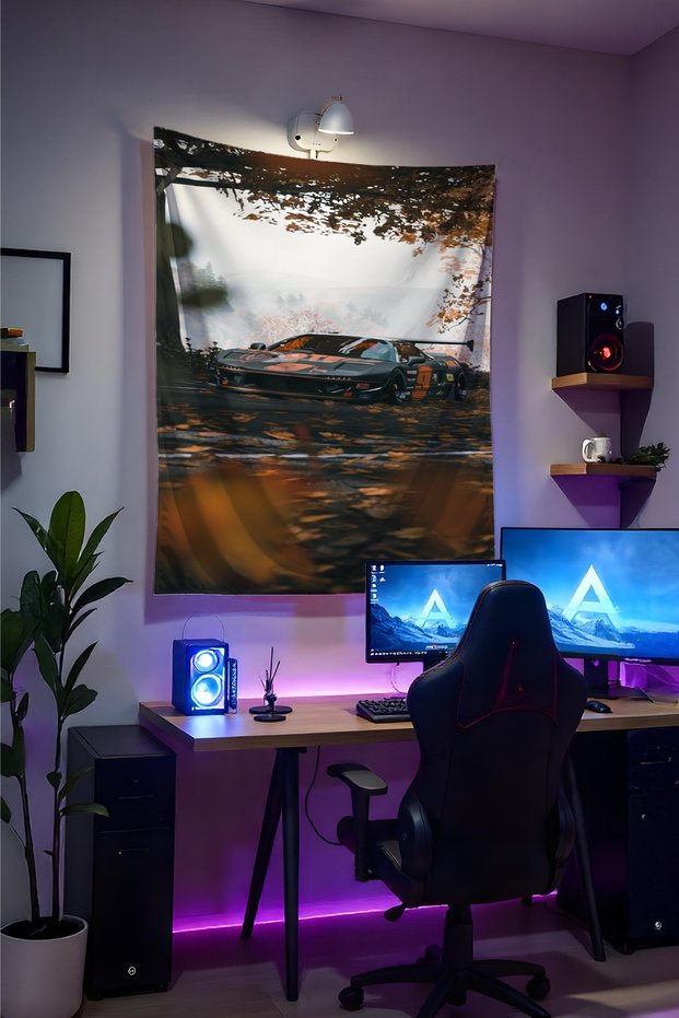 Aesthetic Car Landscape Wall Covering– Quality Fabric, Gamer Room Decor Tapestry Wall Rug Pc