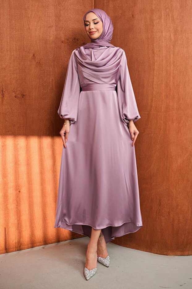 Lilac Balloon Sleeve Satin Evening Dress