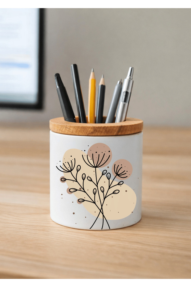 Printed Ceramic Pen Holder with Boho Design and Wooden Detail Desktop Pen Holder