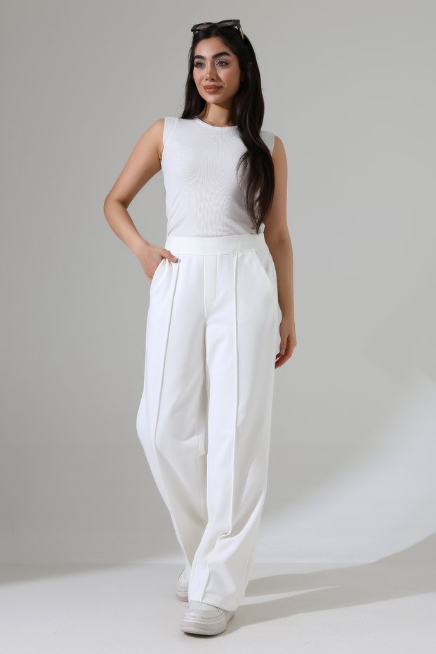 Women's Ecru Color Elastic Waistband Wide-Leg Palazzo Pants