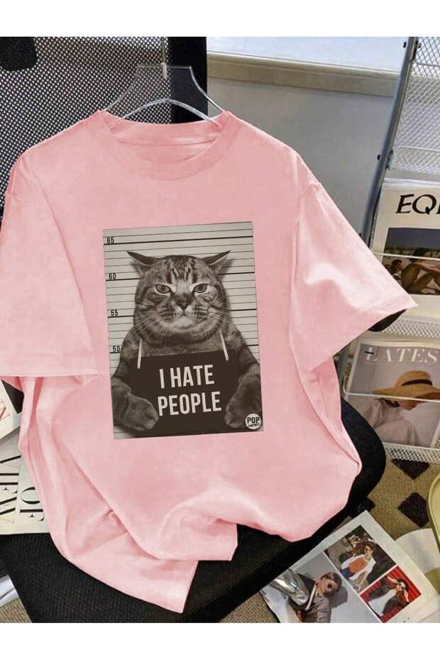 Unisex I Hate People Cat Printed Oversized Comfortable Daily Use Combed Cotton T-Shirt