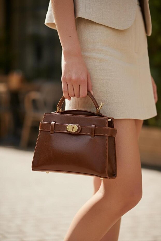 Lockable Belt Detail Mini Square Form Women's Handbag and Shoulder Bag