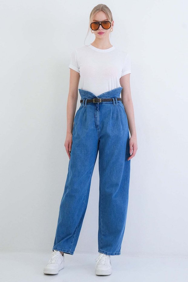 Blue High Waist Detailed Balloon Cut Jean Trousers Alc-X15436