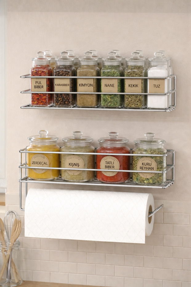 Adhesive Spice Rack Set of 2 Metal Paper Towel Holder Chrome Spice Stand Kitchen Shelf Organizer Chrome