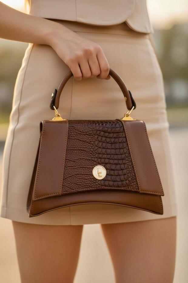 Leather Kroko Paneled Oval Baguette Form Women's Handbag and Shoulder Bag