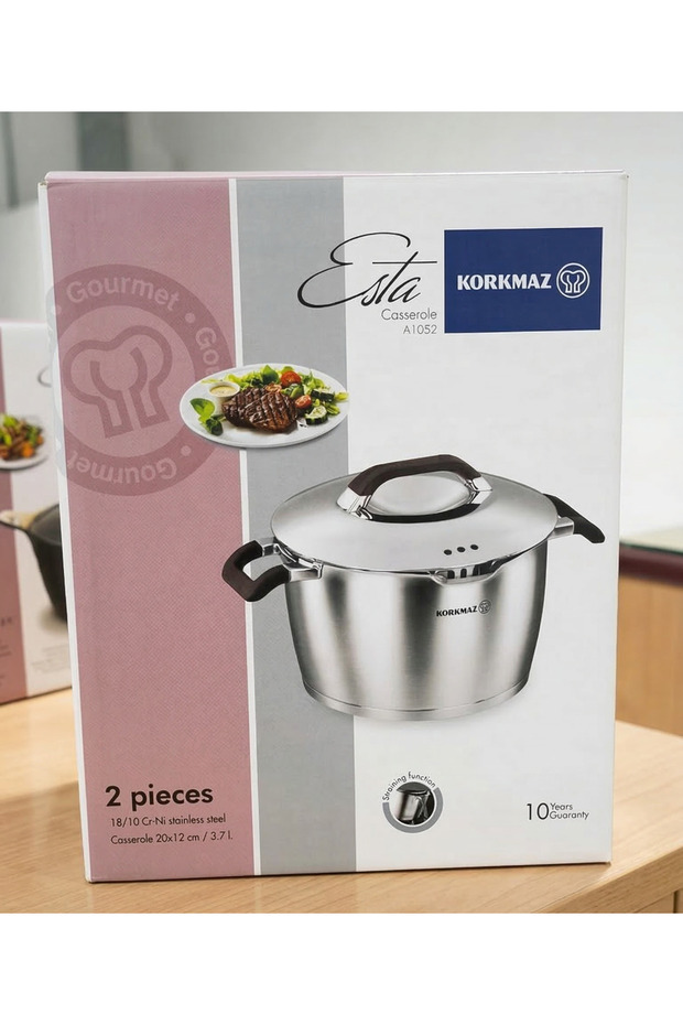 Korkmaz Esta Casserole 20x12 cm 3.7L Stainless Steel Deep Pot with Strainer Lid, Induction Base