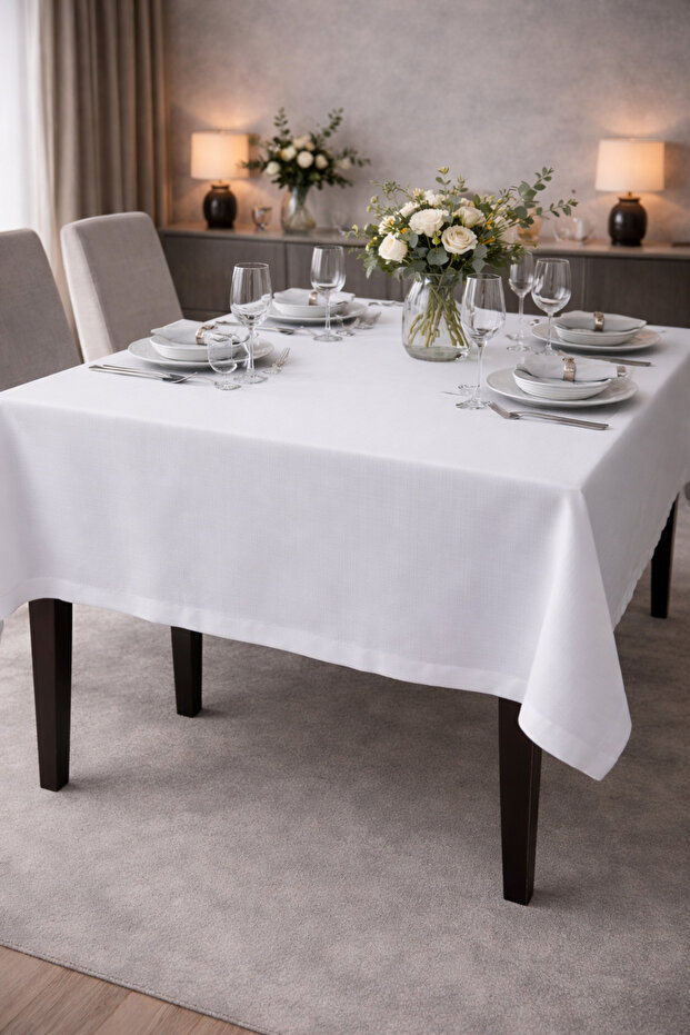 Linen Textured Dertsiz Tablecloth Economic Elegant for the Kitchen and Living Room White