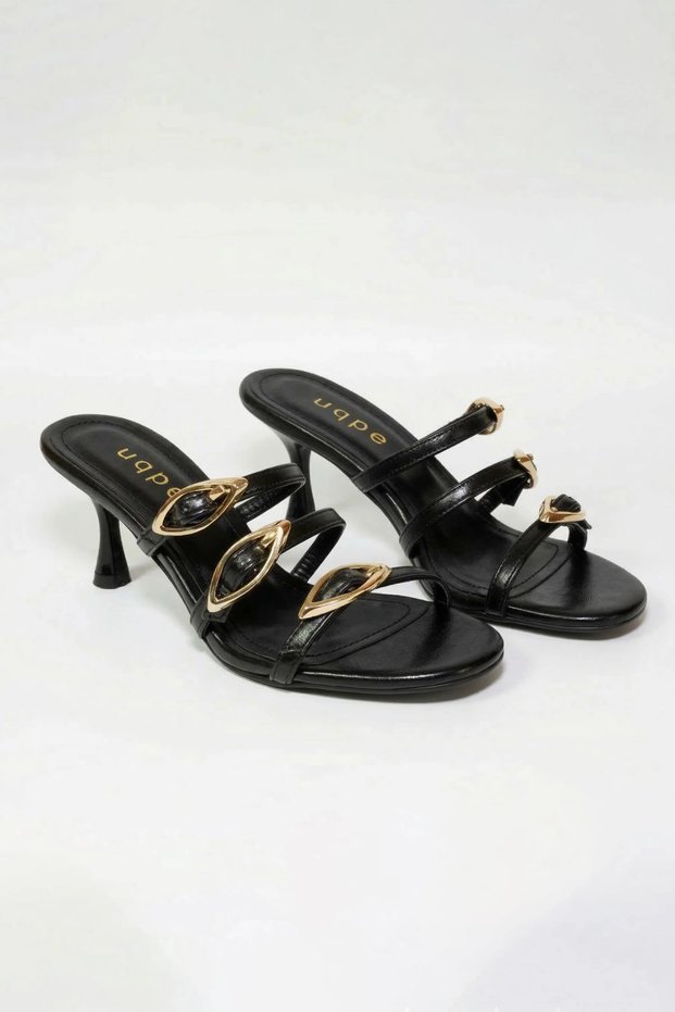 Vita Gold Buckle Detail Three-Stripe Heels for Women Slipper - Black Wrinkled