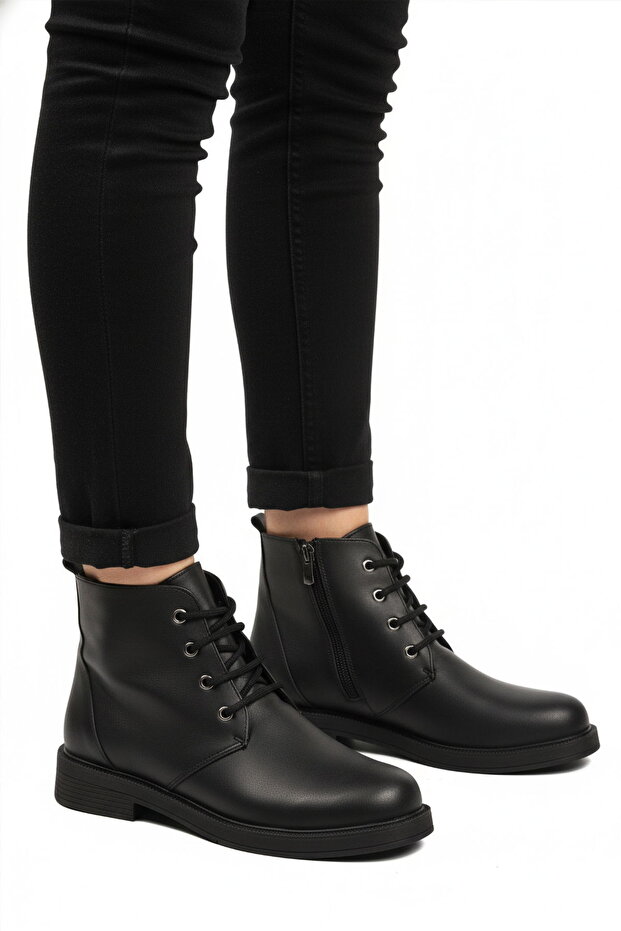 Black Lace-Up Zippered Women's Heeled Boots