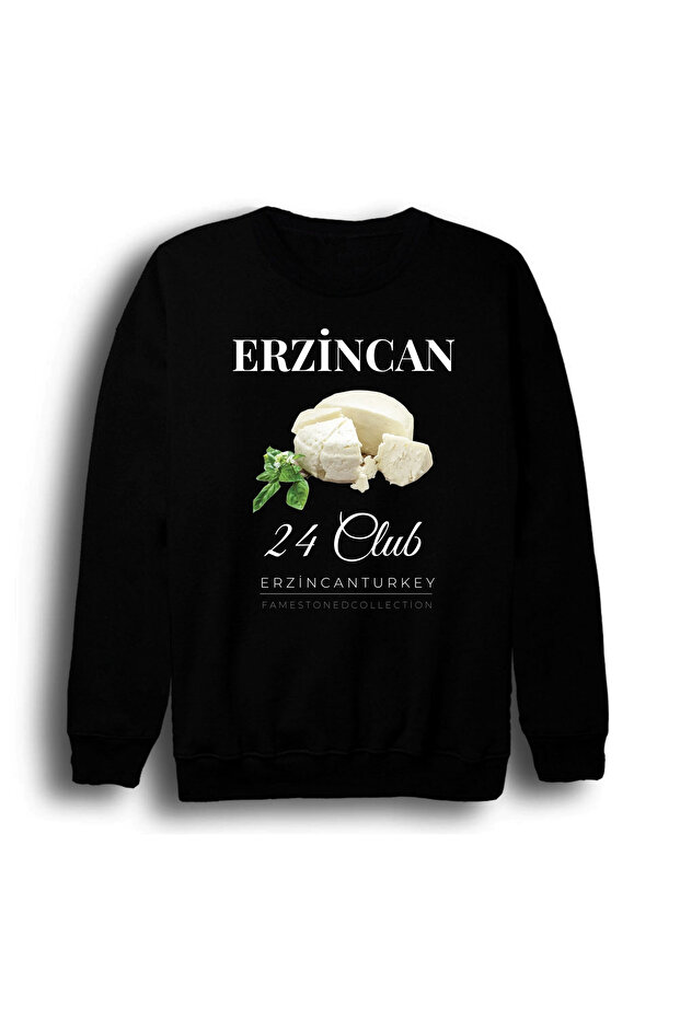 Erzincan 24 Tulum Peyniri Girlevik Şehir Printed Unisex %100 Cotton Black Crew Neck Sweatshirt
