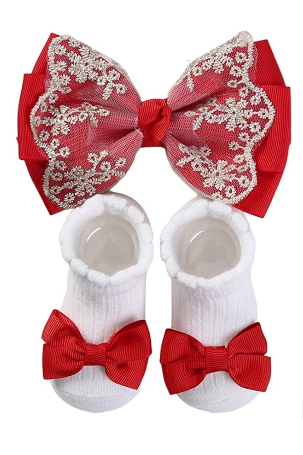 - Aaliyah Socks & Cute Ribbon Big Bow Headband Set - Red