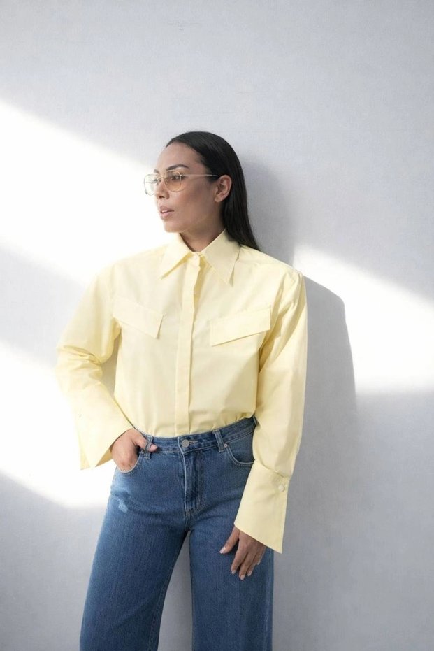 Padded Shoulders Sleeve Detail Comfortable Fit Women's Shirt Yellow