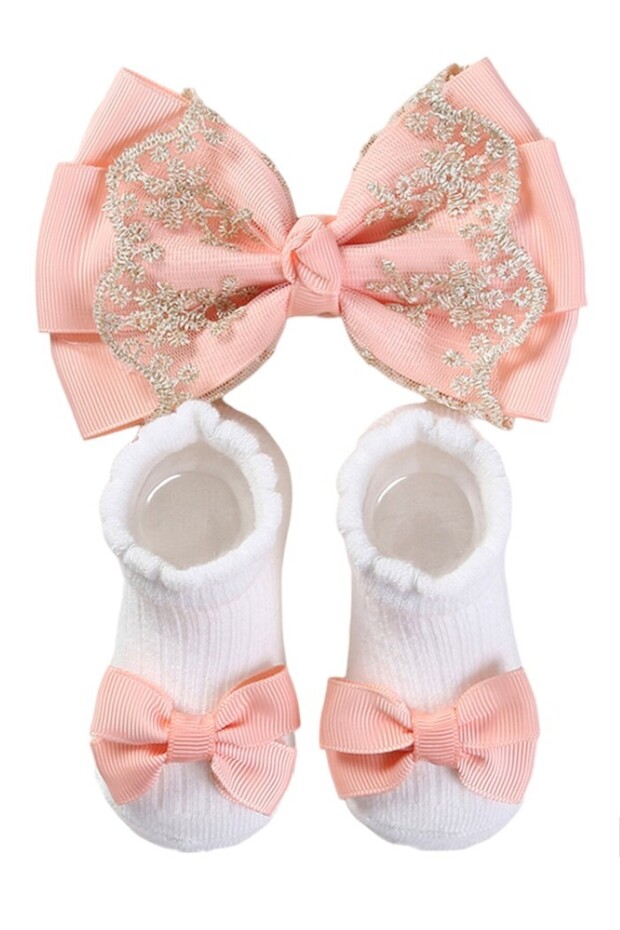 - Aaliyah Socks & Cute Ribbon Big Bow Headband Set - Peach