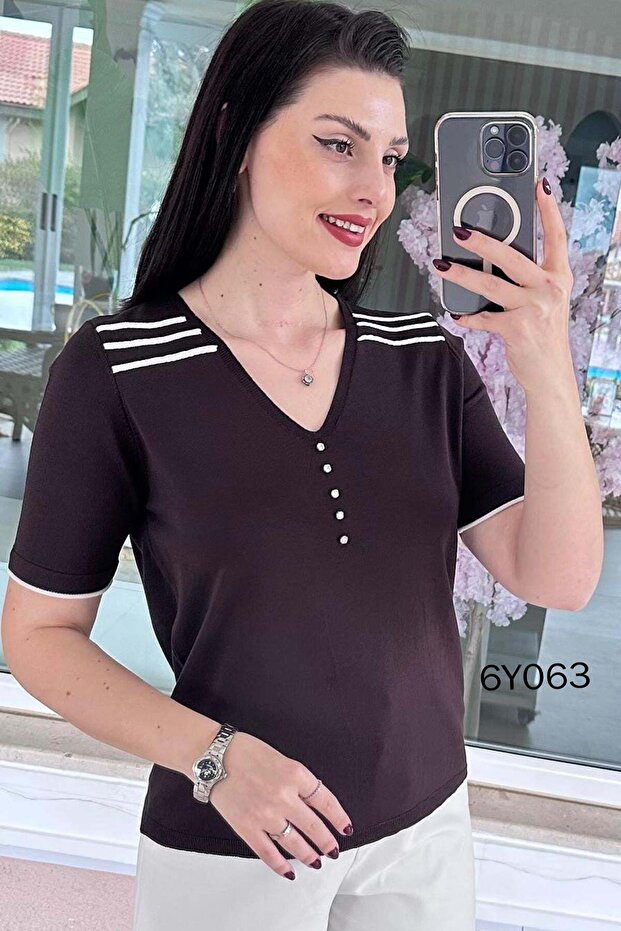 V-Neck Stone Detail Mercerized Knitwear Blouse 6Y063