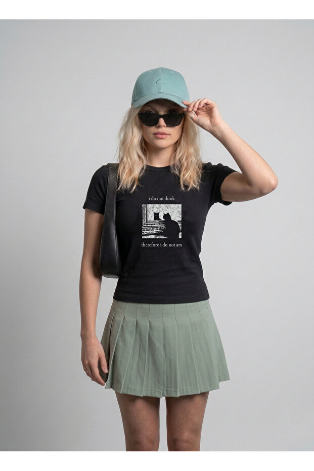 I Do Not Think Therefore I Do Not Exist Printed Women's Lycra Bodysuit Black T-Shirt Short Sleeve Slim Fit