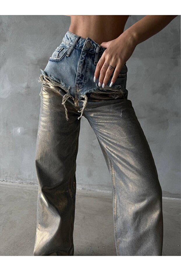 Special Design Wide Leg Silvery Shiny Jean Distressed Detail Pants-Custom Design Wide Leg Silvery Jean