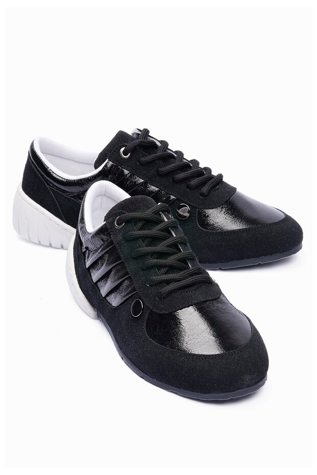 Women's Suede Sneakers Metallic Detailed Casual Sports Shoes Telora Black
