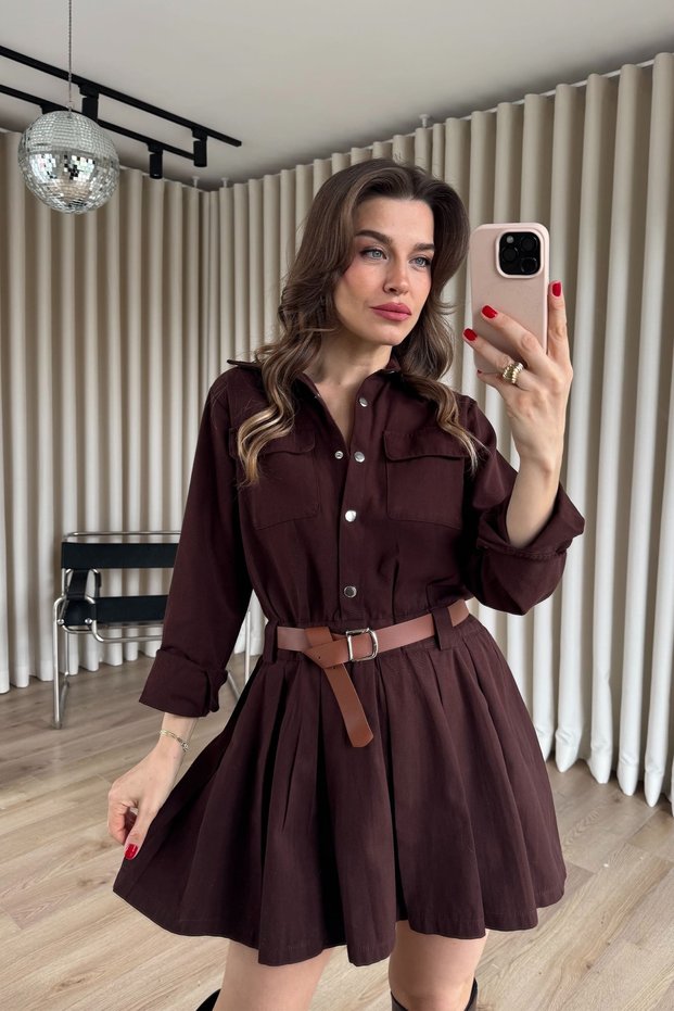 Bitter Brown Snap Fastener Skirt Pleated Belt Pcs Gabardine Shirt Dress