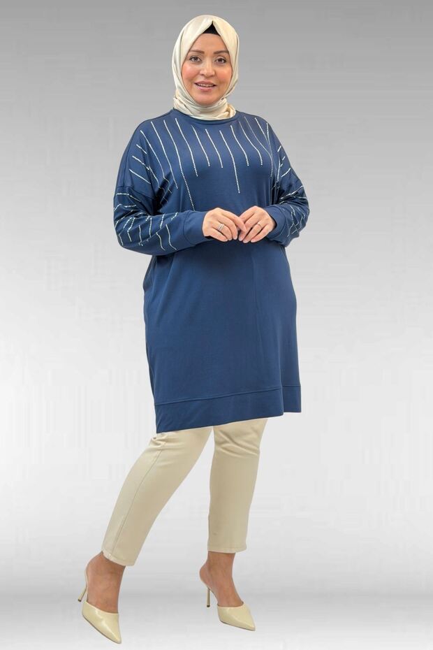 68020 Plus Size Combed Cotton Tunic with Drop Stone Detail - Petrol