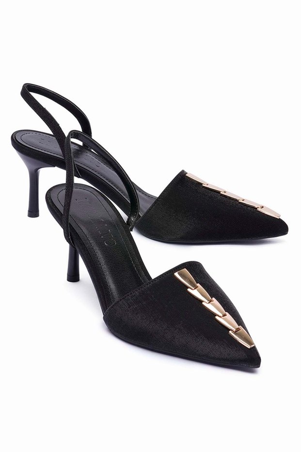 Women's Satin Stiletto Pointed Toe Gold Detailed Open Back Evening Dress Heeled Shoes Marina Black