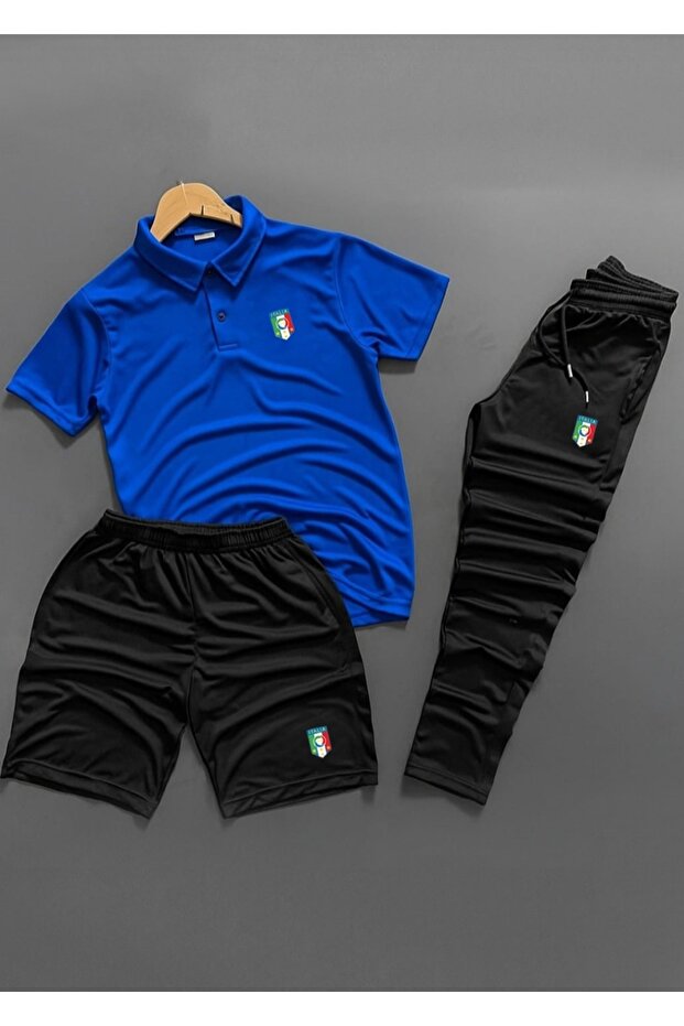 Polo Collar İtaly 3-Piece B Printed Men's S Scuba Bottom and Top Tracksuit Set